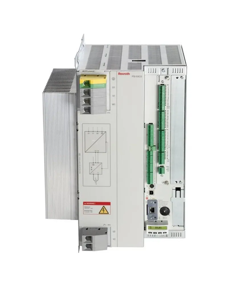 Equipamento Rexroth PSI 63C0, de frente, com os bornes de ligação e os conectores verdes
